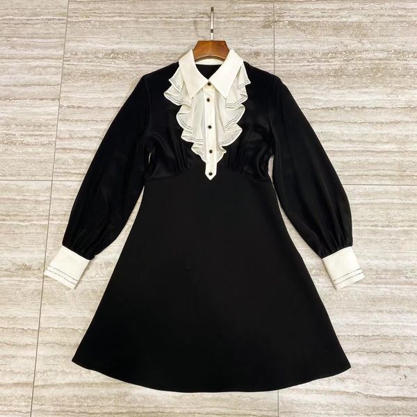 

2021 spring new ironed and drilled wood ear collar waist silk dress slim, slim and elegant retro temperament, White;black