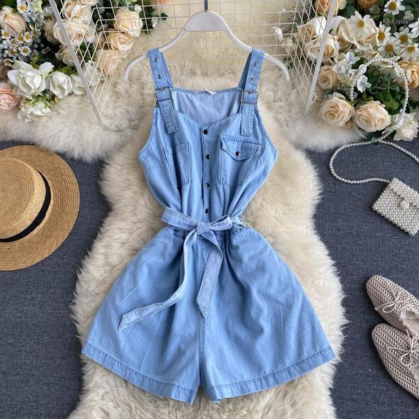 

ewq] 2020 new summer fashion sling rompers v-neck sleeveless single-breasted waist lace wide leg denim jumpsuit shorts women1, Black;white