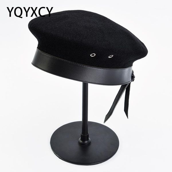 

wool beret women's winter hat pu leather brim woolen beret cap painter hat female boina feminina england gorras black retro1, Blue;gray