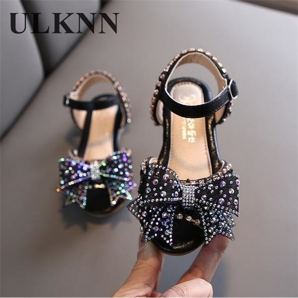 

ulknn summer girls sandals with bow open toe diamond princess party shoes soft flat sandals for girls kids sandals 201130, Black;red