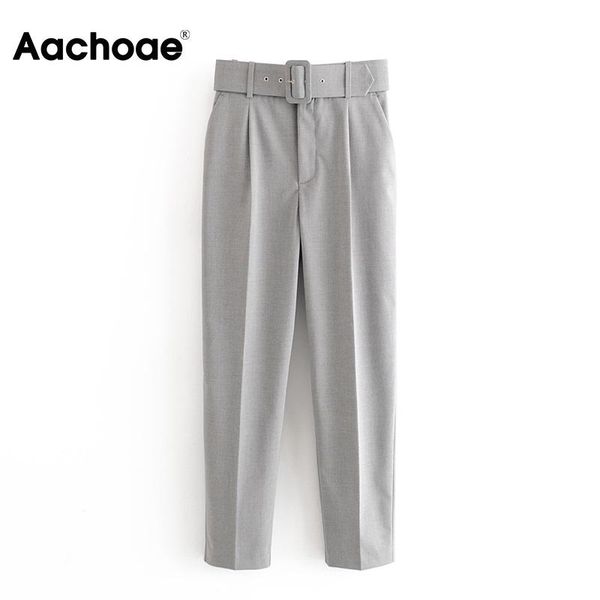 

aachoae women office lady gray suit pants with belt 2020 high waist casual long trousers female pockets pleated solid pants, Black;white