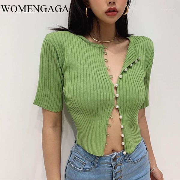 

women's cape 2021 women short sleeve pearl button rib cardigan imitation buttons round neck fitted crop knit t c0091, Black