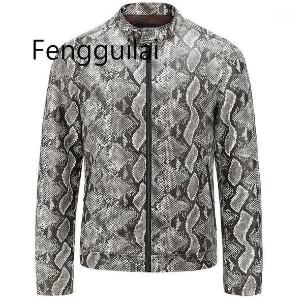 

men casual straight leather jacket 2020 snakeskin print long sleeve jacket male british wind slim long sleeve leather1, Black