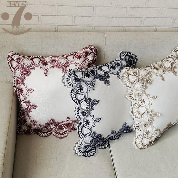 

pillow case creative burgundy color embroidered lace trim jacquard 45x45cm square home decorative cover