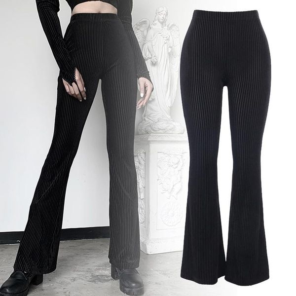 

autumn and winter black retro high waist slim drape flared corduroy pants women striped casual pants women, Black;white