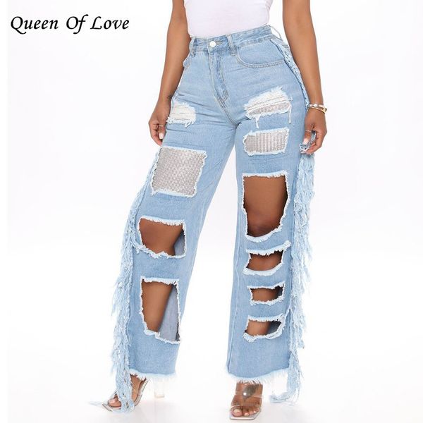 

ripped jeans for women 2020 new streetwear loose denim pant high waisted casual hollow out straight sequin tassel pants y1214, Blue