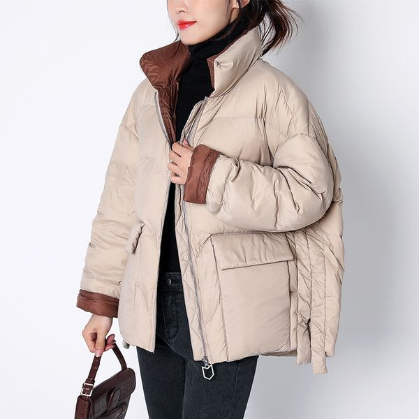 

2020 korean style winter jacket women stand collar solid black beige female down coat loose womens puffer warm short parka c1204
