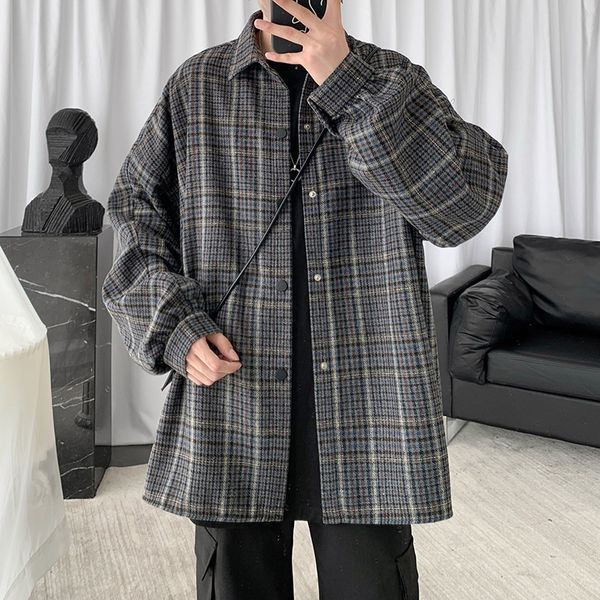 

blue plaid men's long sleeve shirt korean fashion cool autumn top, White;black