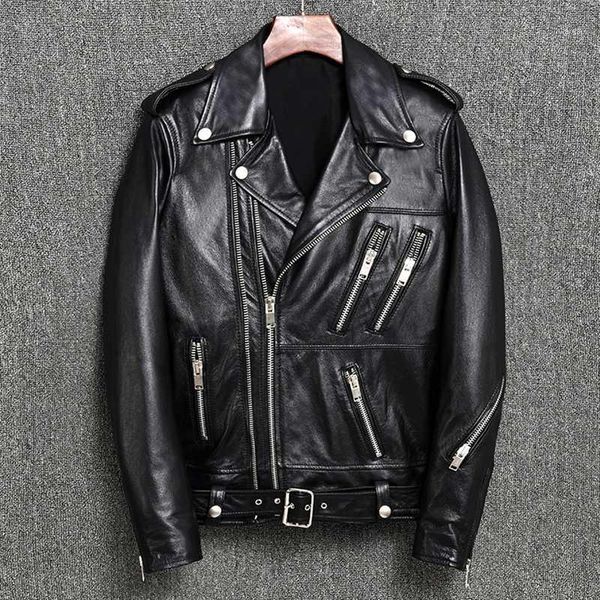 

double 2020 men's zipper motorcycle leather with belt balck sheepskin slim fit moto biker jacket men rivet rider coat mal1, Black