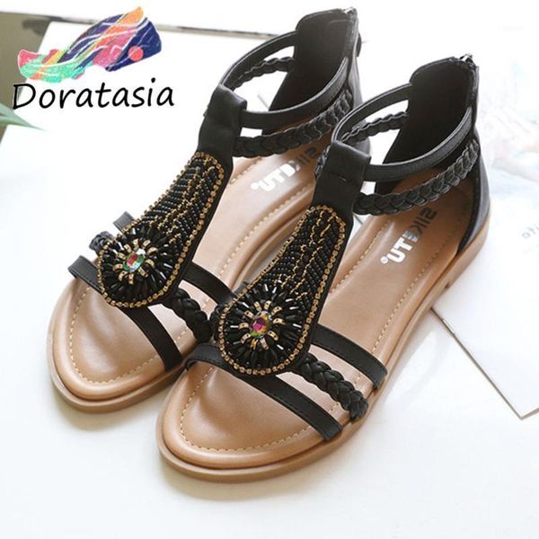 

doratasia female summer sandals round toe cover heel low heel sandals women crystal casual holiday shoes woman1, Black