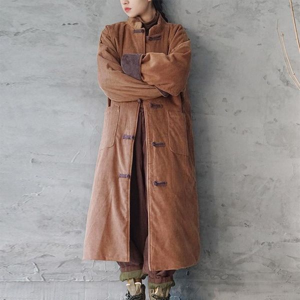 

scuwlinen 2020 winter women thick parka retro corduroy stand collar long warm cotton padded coat normcore style p313, Black