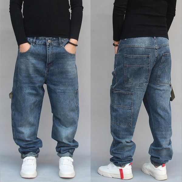 

men trendy jeans harem pants casual denim pants blue patchwork hiphop jeans loose baggy streetwear mens trousers man clothing