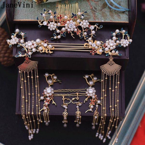 

janevini traditional chinese bridal headdress costume gold fan hairpin pearls wedding crown with earrings women hair accessories, Golden;silver