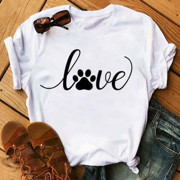 

funny love dog paw print t-shirts women fashion kawaii white round neck shirts loose plus size tees mujer camisetas