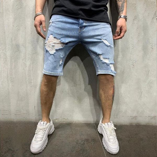 

new men's jeans capris for teenagers with holes, slim and casual, Blue