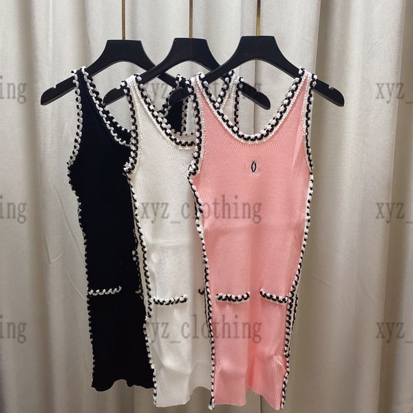 

designers knitted t-shirts dress sleeveless skirt womens shirts dresses summer vintage print high-end polo collar waist drawstring design sl, Black;gray