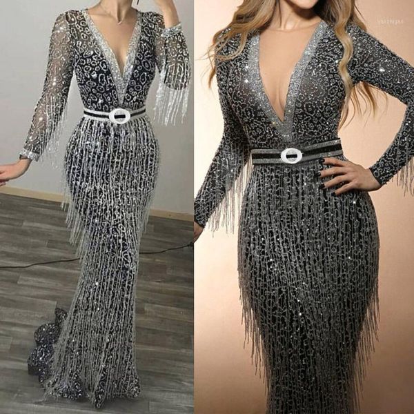 

women's solid color long sleeve v-neck sling sequin long full dress gothic party boho dresses vintage dress women1, Black;gray