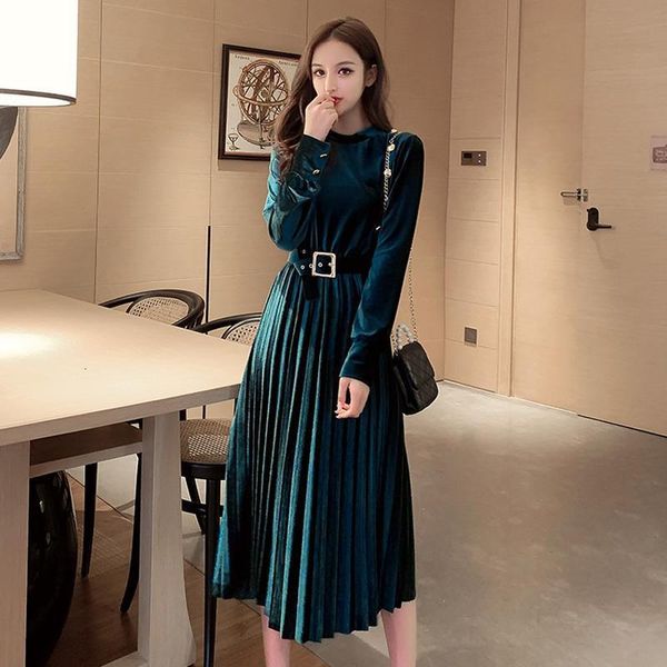 

autumn velvet dress women elegant long sleeve pleated ladies party dresses 2021 casual belted winter dress vestidos robe femme, Black;gray