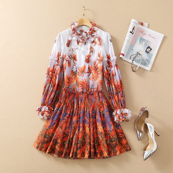 

milan runway dresses 2021 spring summer stand collar long sleeve embroidery tulle women's designer dress brand same style dress 0110-2, Black