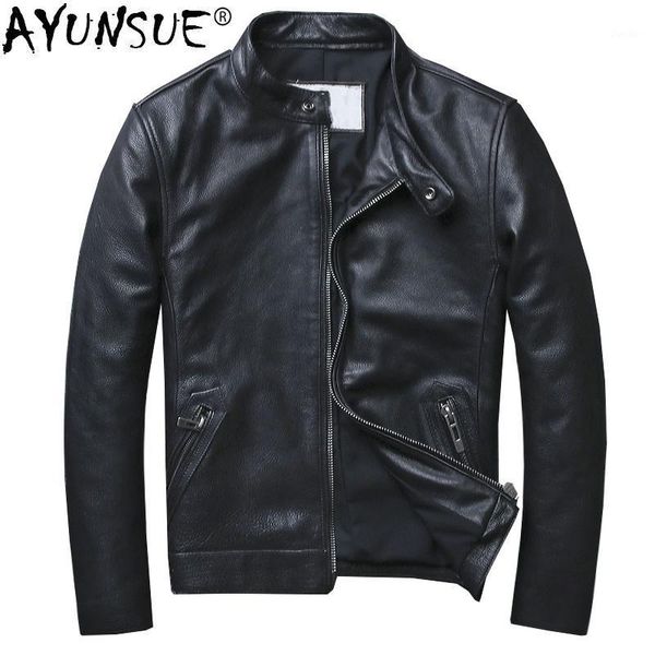 

ayunsue genuine leather jacket men cowhide locomotive motorcycle jacket man spring short real cow leather coats men kj14401, Black