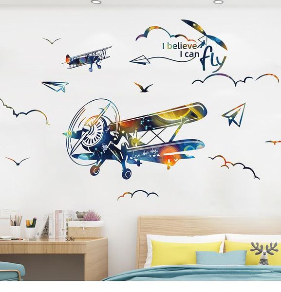 

wall stickers [shijuekongjian] cartoon airplane sticker diy aircraft decals for kids room baby bedroom nursery house decoration