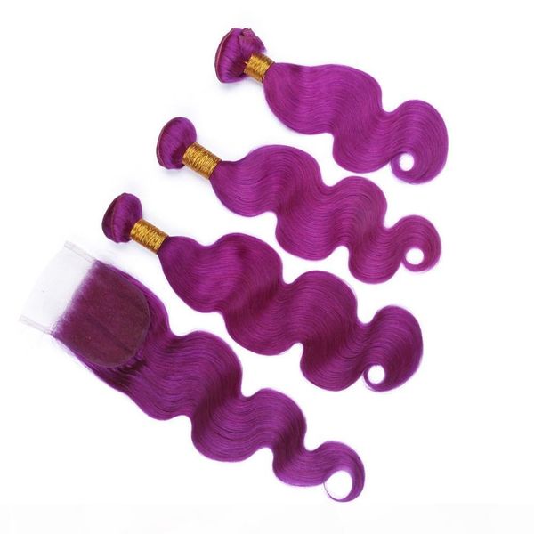 

purple colored peruvian virgin human hair wefts with 4x4 lace front closure pure purple human hair weave bundles body wave with closure, Black;brown