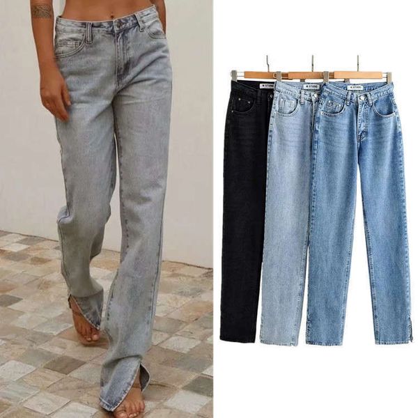 

ms. fan jeans 2020 autumn new ins high waist side slit floor pull show thin straight pants, Blue