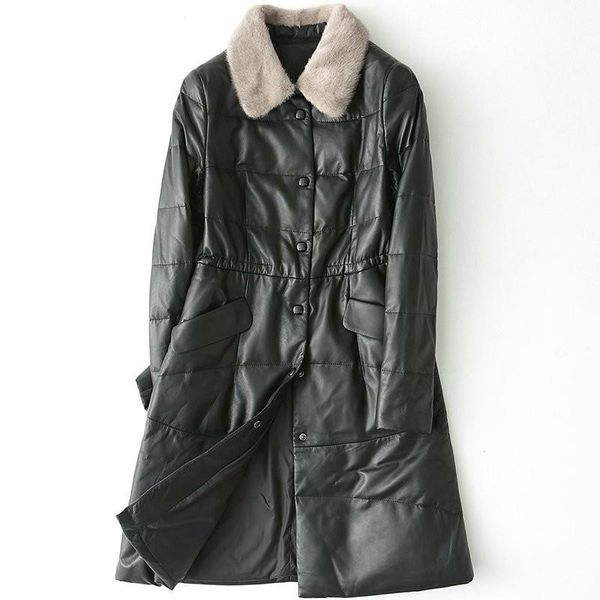 

women's leather & faux autumn winter coat women clothes 2021 korean vintage collar real genuine jacket sheepskin down zt4124, Black