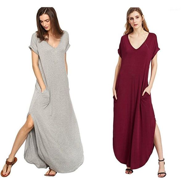 

casual dresses dress women 2021 spring summer women's v-collar short sleeved loose long vestidos side-open beach maxi1, Black;gray