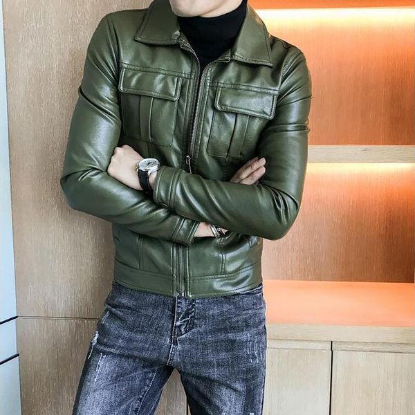

zipper green motorcycle jackets deri ceket 2020 mens leather jacket slim fit chaqueta marron hombre1, Black