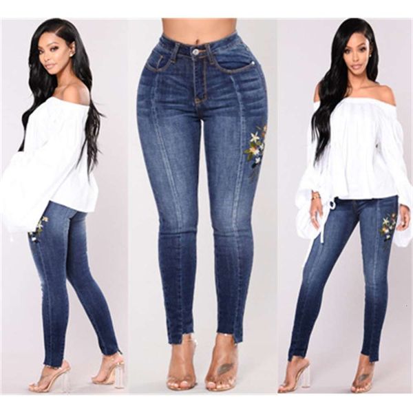 

17 color elastic hole embroidery popular denim high waist pants, Blue