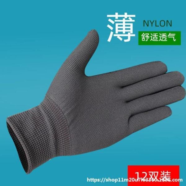 

nylon short elastic gloves for yarn driving dirty and breathable working women' double men' thin 12 gloves gray labor protection, Blue;gray