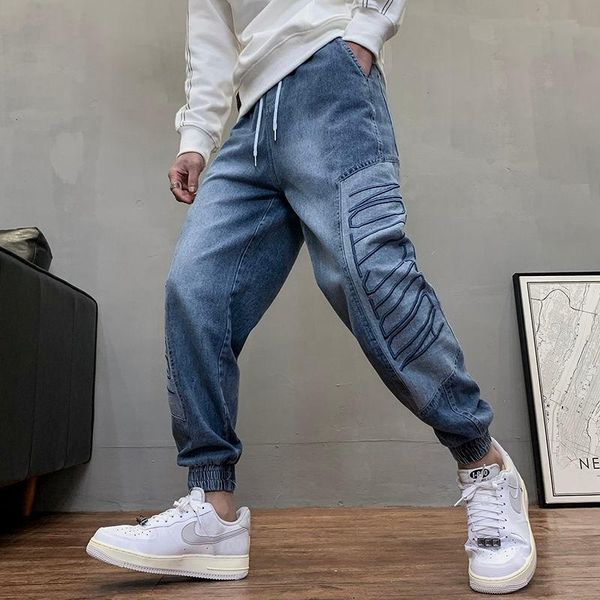 

men's jeans washed sports harem pants embroidered letter stitching casual all-match trousers slim denim male four seasons, Blue