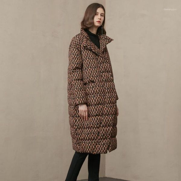 

winter new silkworm style long thick duck down coats female stand collar oversized literary rhombic pattern duck down coats f5531, Black