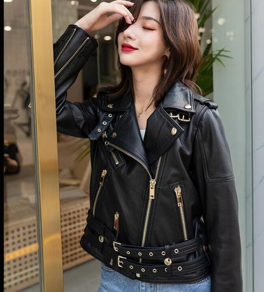 

genuine leather jacket women real sheepskin ladies coat 2020 autumn winter motorcycle biker natural sheep outwear, Black