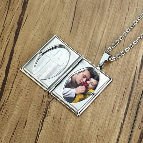 

locket necklace pendant for men stainless steel p frame design cross engravable memory romantic love choker friend gift1, Silver
