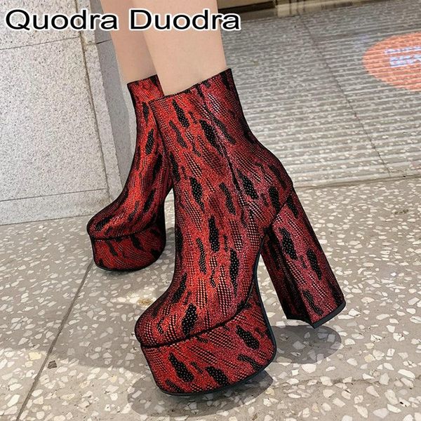 

boots winter red ankle women platform thick high heels hollow cut woman block heel round toe golden/sliver plus size 34 43, Black