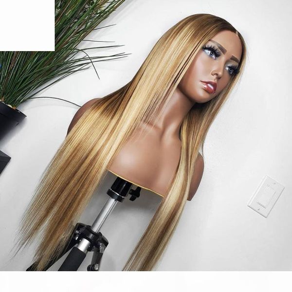 

ombre blonde silky straight silk lace front human hair wigs with baby hair 26inches long highlight virgin full lace wig, Black;brown