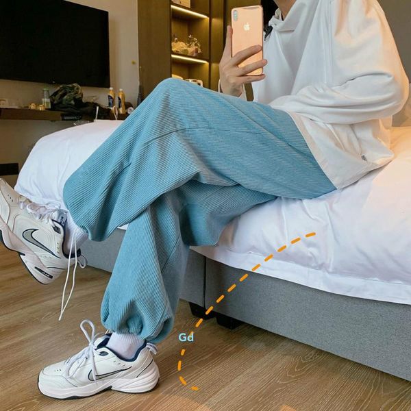 

autumn corduroy pants men's fashion retro casual wide-leg pants men streetwear wild loose hip-hop korean straight trousers mens, Black