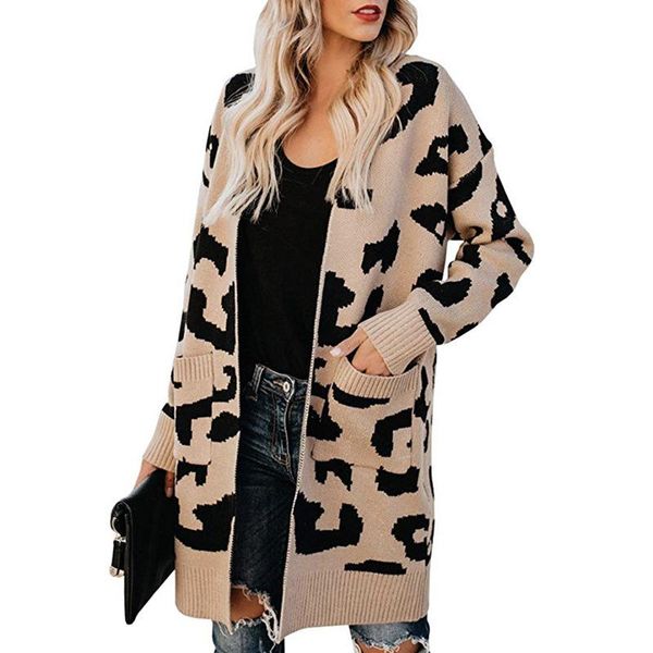 

new 2020 autumn winter women's leopard printed cardigans female long sleeve pockets long ladies casual sweater warm fashion, White
