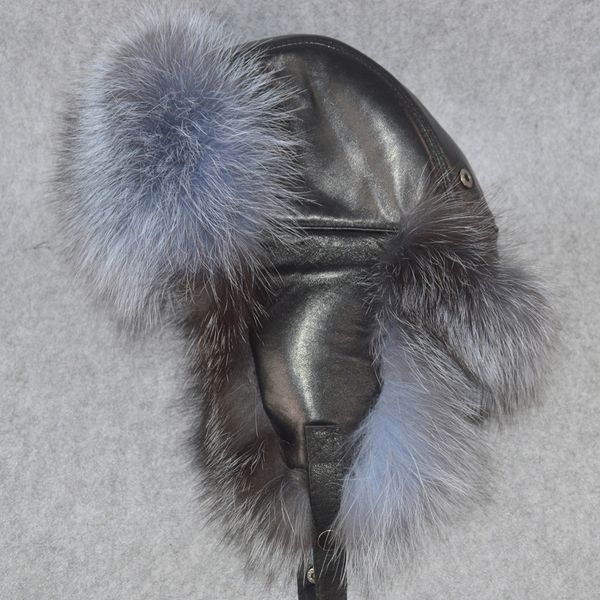 

russian winter trademark fox hat quality raccoon fur captain bombers real leather hats from the skin of luxury, Blue;gray