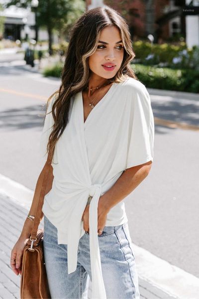 

black/white short sleeve wrap blouse women casual v-neck cross the neckline elastic cotton fabric casual blouse 1