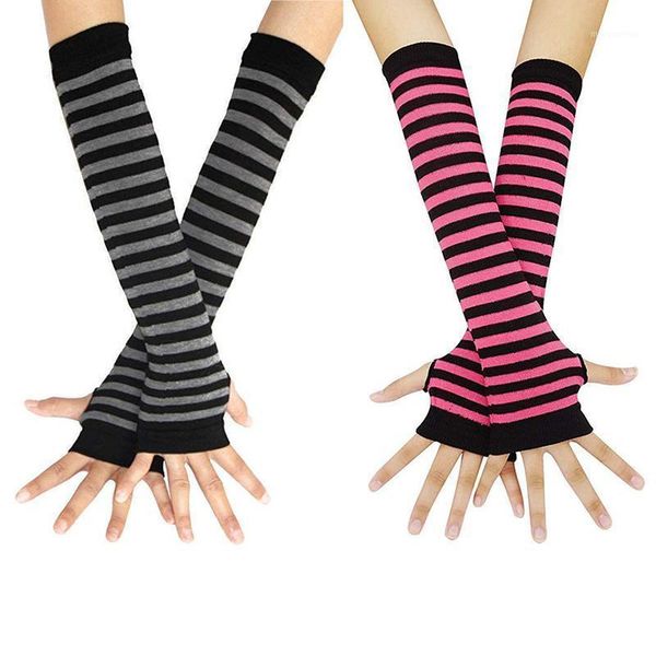 

2 pairs women long fingerless arm lady elbow gloves striped winter mittens sleeve warmer christmas accessories gift1, Blue;gray