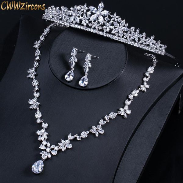 

cwwzircons luxury cubic zirconia bridal wedding crown tiara set cubic zirconia hair band jewelry for brides t311, Silver