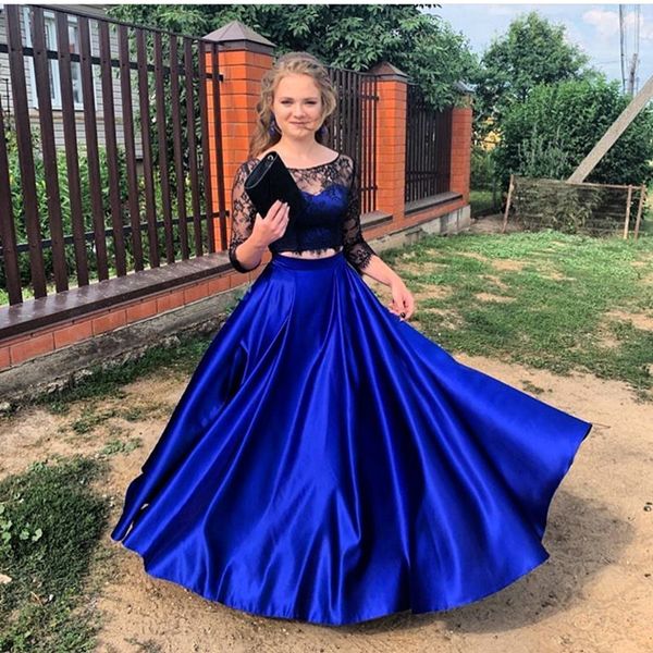

royal blue satin evening dresses with black lace 3/4 long sleeves robe de marrige two pieces a line prom vestidos, Black;red