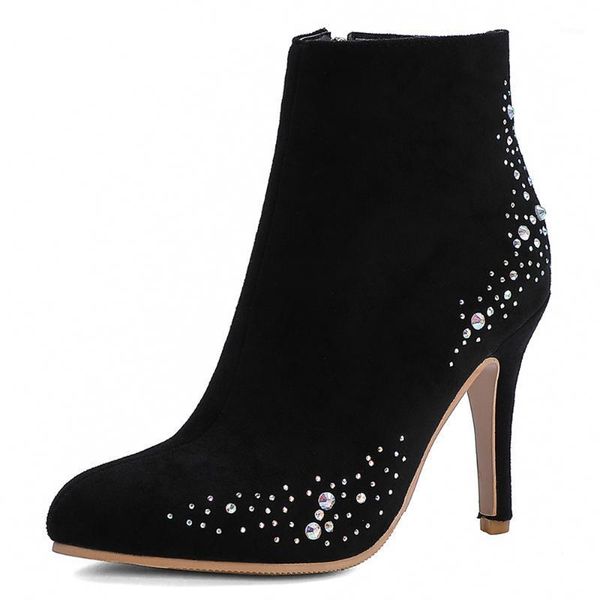 

oversized cow suede rhinestone super high heel ankle boots stiletto flock pink ankle boots nubuck leather gray side high heels1, Black