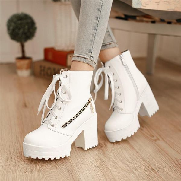

boots pxelena punk gothic women chunky block square high heels riding ankle lace up zipper platform shoes, Black