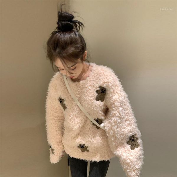 

2021 new pink knitted sweater female lamb fur straw pullover sweater coat female, White;black