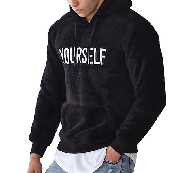 

winter mens hoodie sherpa fleece letter printed sweatshirts fuzzy long sleeve fall outwear winter hooded with kangaroo pockets kg-152, Black