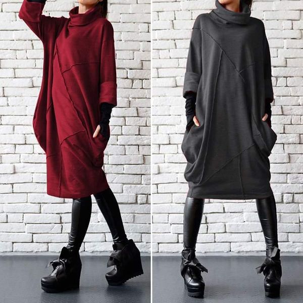 

vintage solid sweatshirt vestidos women's autumn hoodies zanzea 2020 casual long sleeve pullovers female turtleneck robe 5xl1, Black